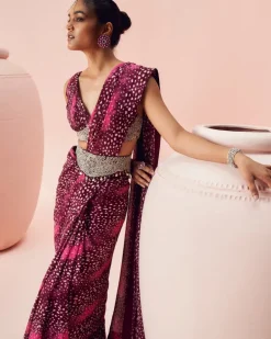 Burgundy Rosette Belted Sari Set