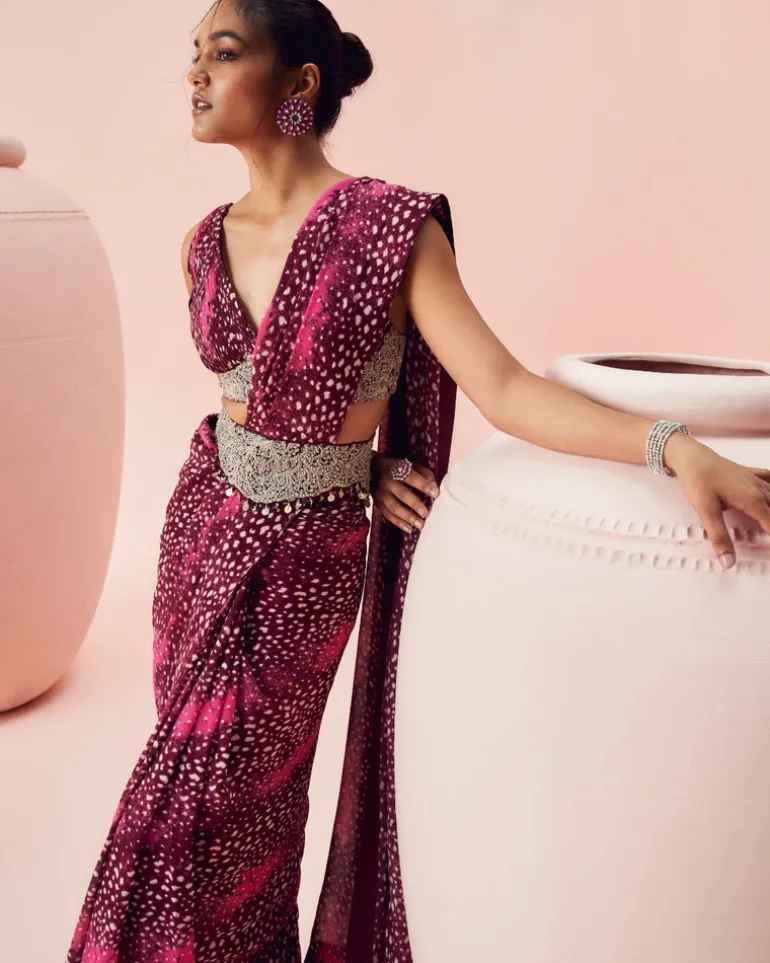 Burgundy Rosette Belted Sari Set