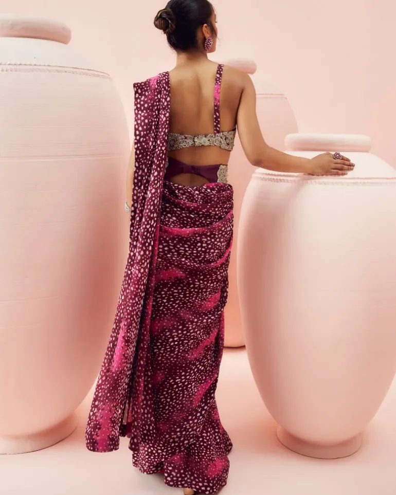 Burgundy Rosette Belted Sari Set