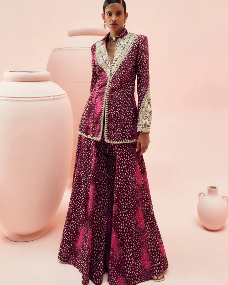 Burgundy Rosette Jacket And Sharara Set