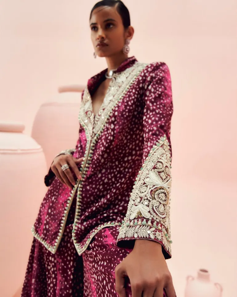 Burgundy Rosette Jacket And Sharara Set