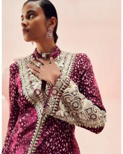 Burgundy Rosette Jacket And Sharara Set