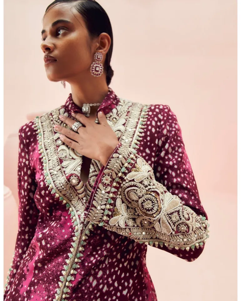 Burgundy Rosette Jacket And Sharara Set
