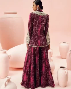 Burgundy Rosette Jacket And Sharara Set