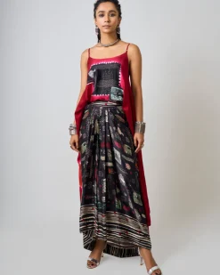 Burgundy Tie-Dye & Hand Embroidered Singlet With Black Printed Pick Up Skirt Set