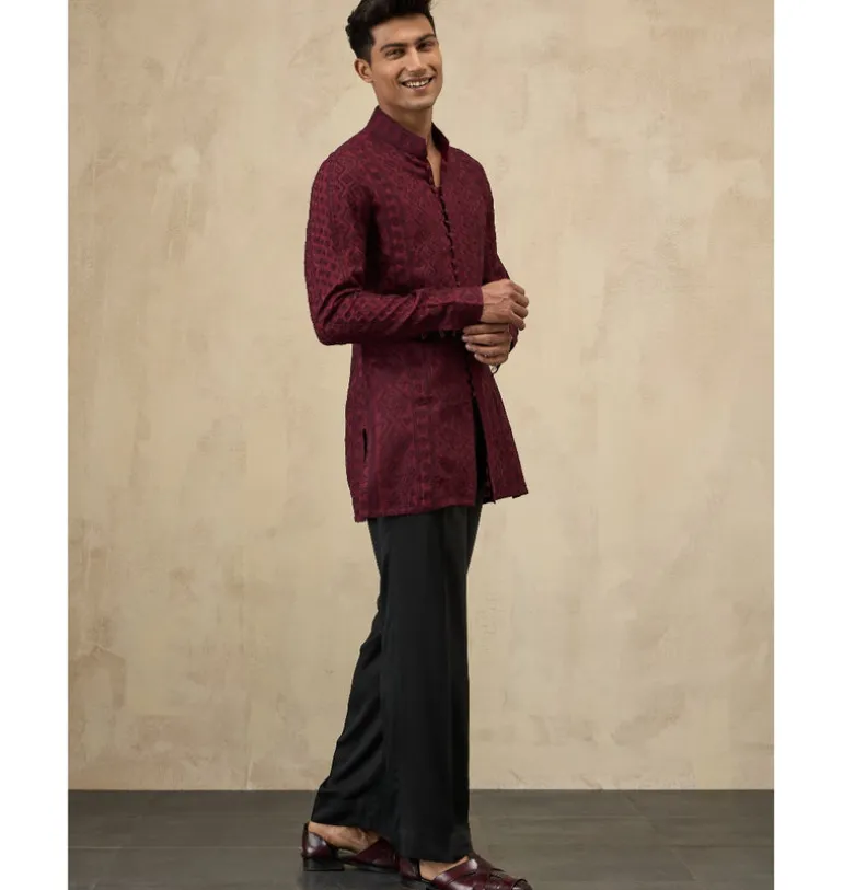 Burgundy Vertical Aari Short Kurta Set