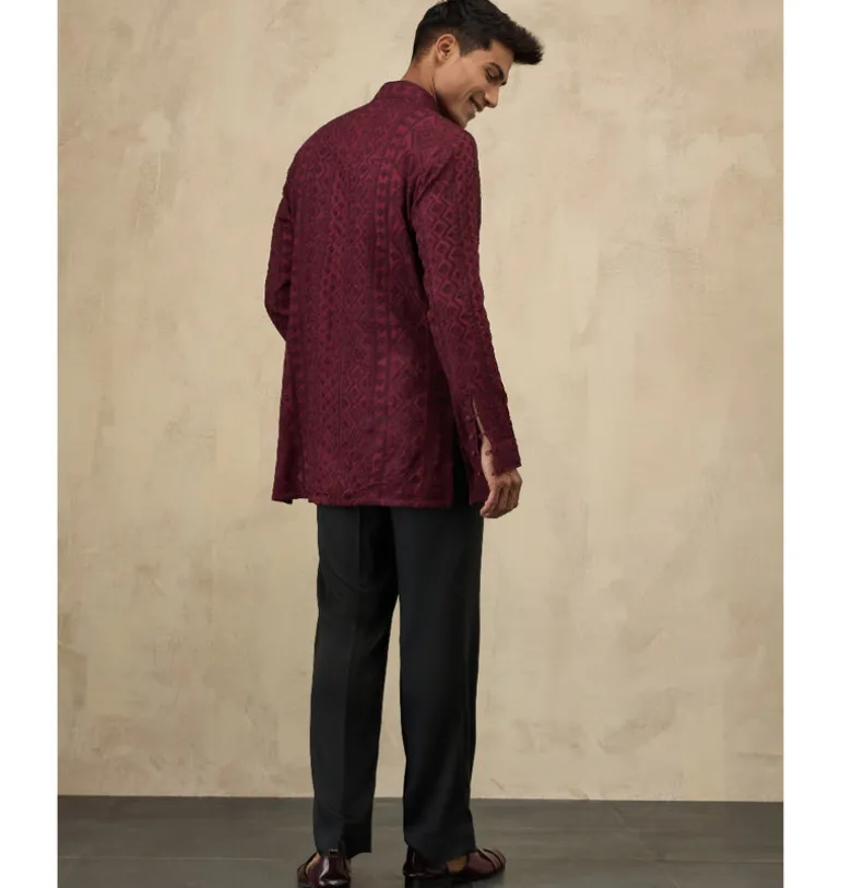 Burgundy Vertical Aari Short Kurta Set