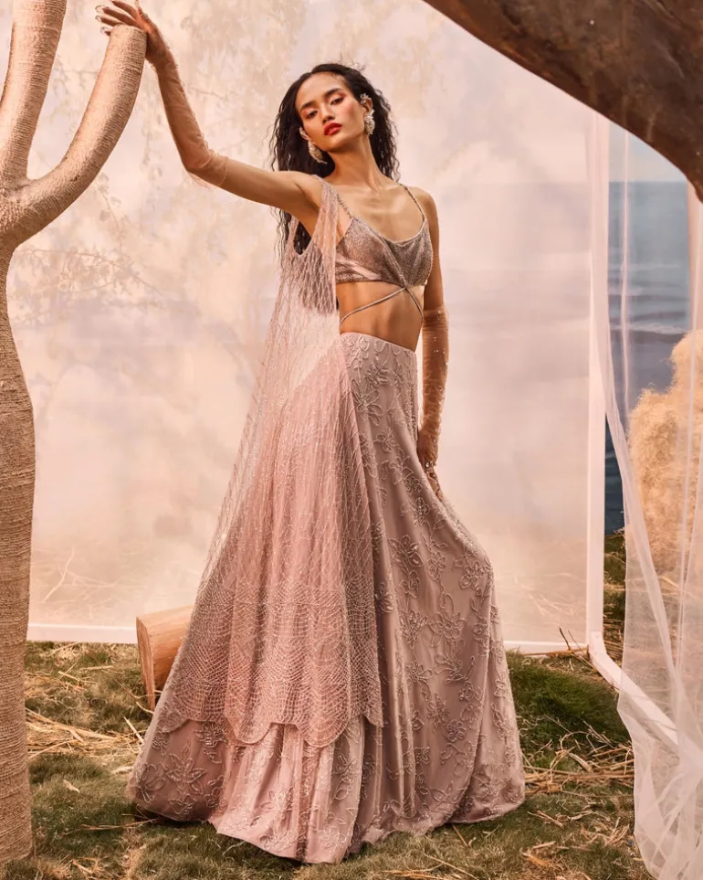 Burnt Pink Floral Embroidered Lehenga Set