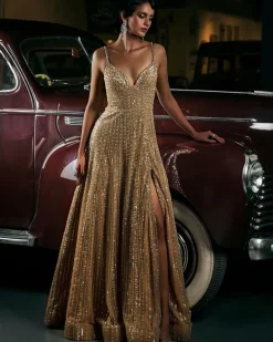 Caramel Slit Sequin Gown