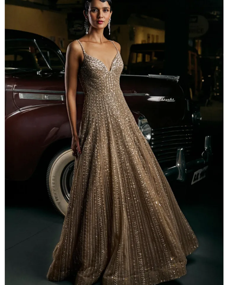 Caramel Slit Sequin Gown