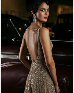 Caramel Slit Sequin Gown