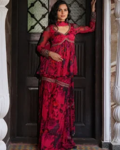 Caramine Chiffon Floral Peplum Set