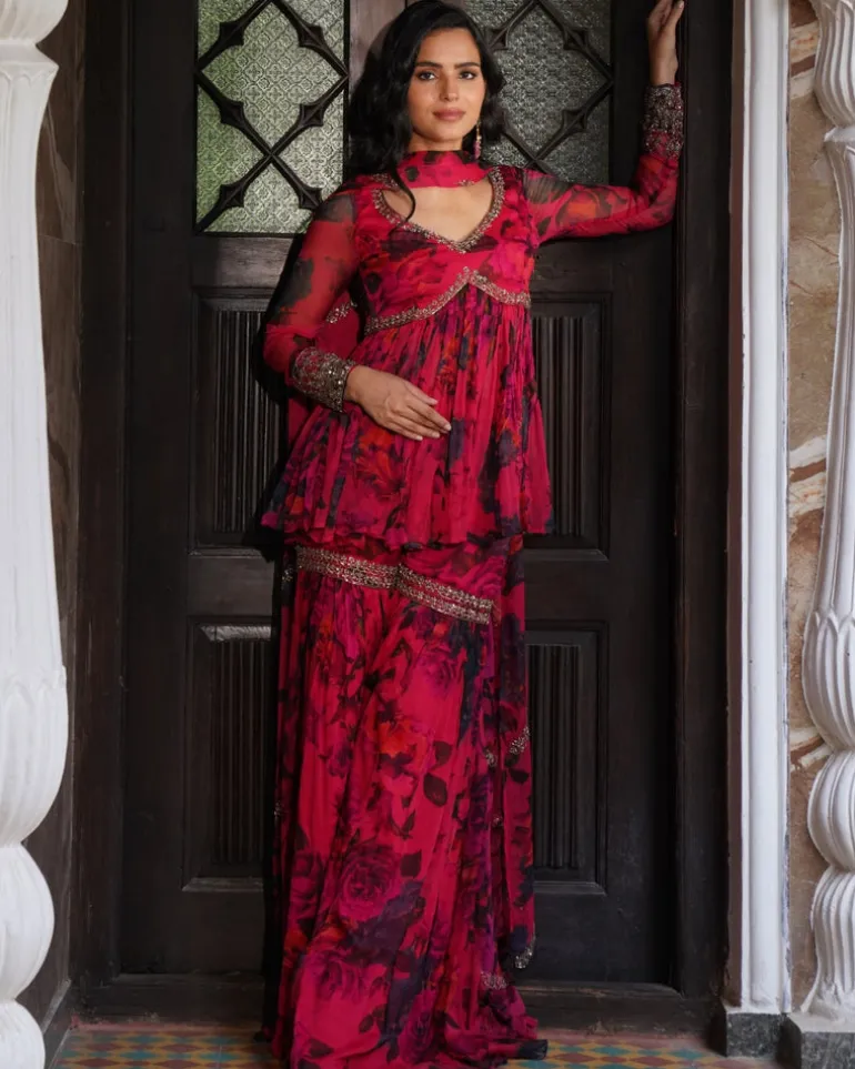 Caramine Chiffon Floral Peplum Set