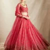 Caramine Pink Organza Silk Embroidered Lehenga Set
