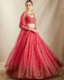 Caramine Pink Organza Silk Embroidered Lehenga Set
