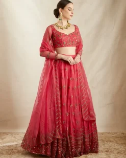 Caramine Pink Organza Silk Embroidered Lehenga Set