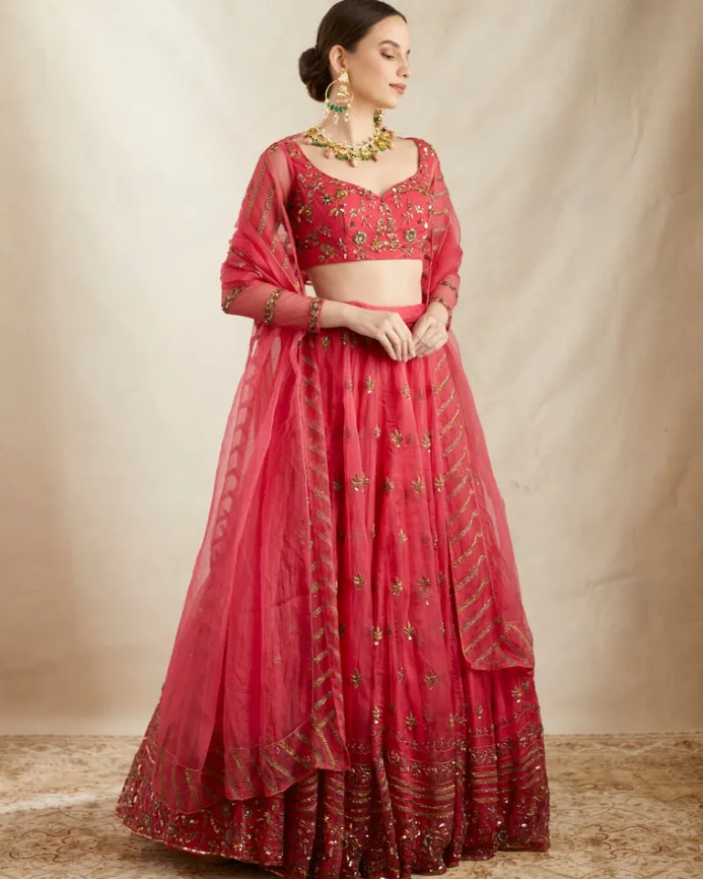 Caramine Pink Organza Silk Embroidered Lehenga Set