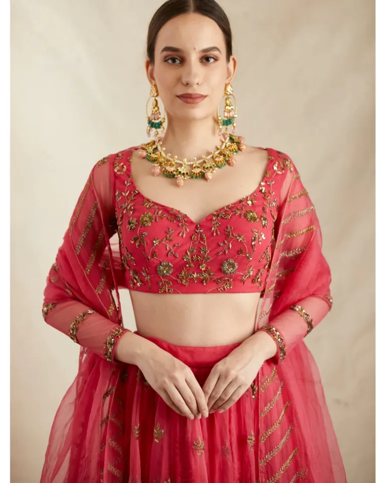 Caramine Pink Organza Silk Embroidered Lehenga Set