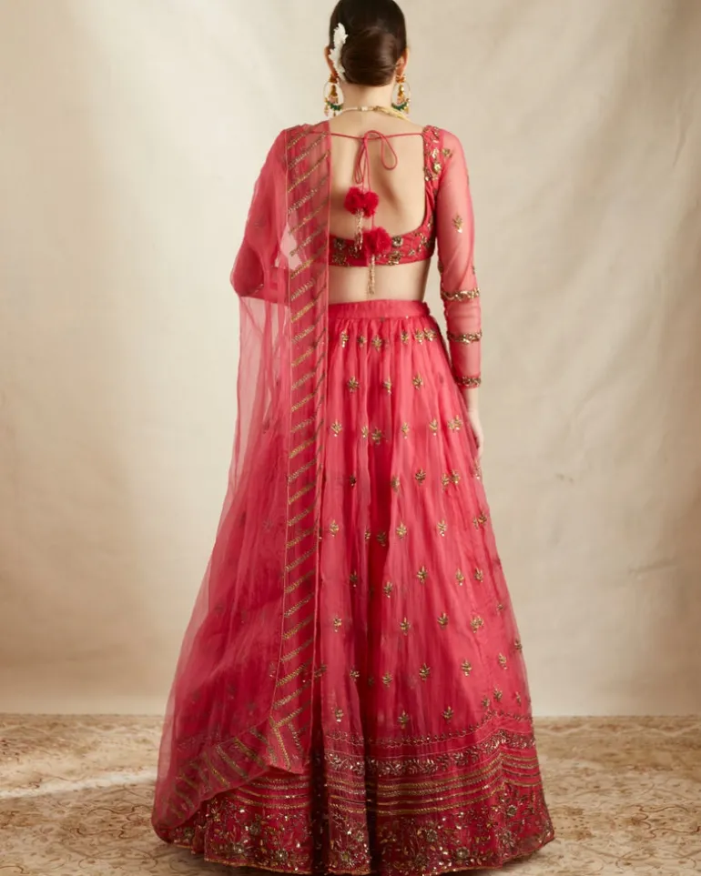 Caramine Pink Organza Silk Embroidered Lehenga Set