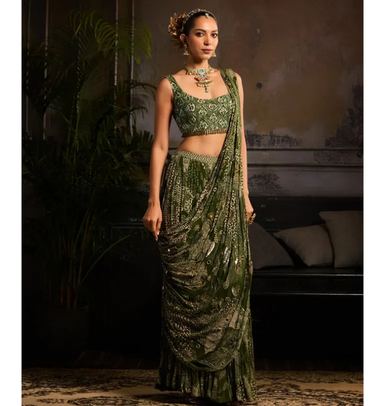 Celestial Moss Skirt Sari Set