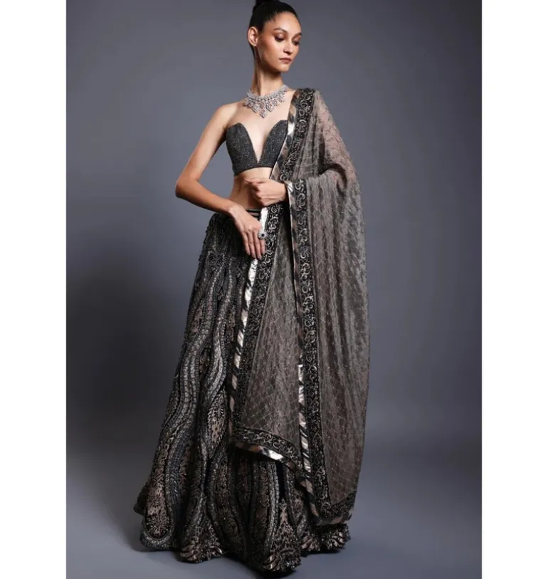 CF Applique Gunmetal Lehenga Set