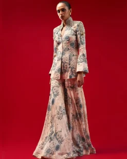 Champagne Blue Blossom Print Embroidered Jacket Top And Gharara Set