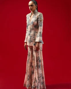 Champagne Blue Blossom Print Embroidered Jacket Top And Gharara Set