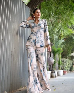 Champagne Blue Blossom Print Embroidered Jacket Top And Gharara Set