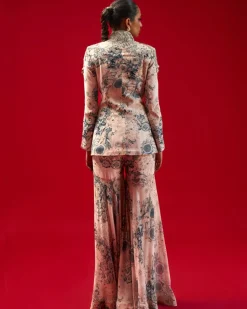 Champagne Blue Blossom Print Embroidered Jacket Top And Gharara Set