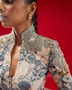 Champagne Blue Blossom Print Embroidered Jacket Top And Gharara Set