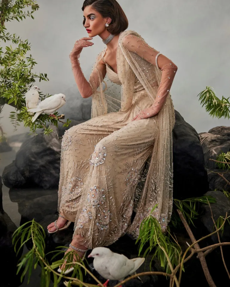 Champagne Cape Sharara Sari Set