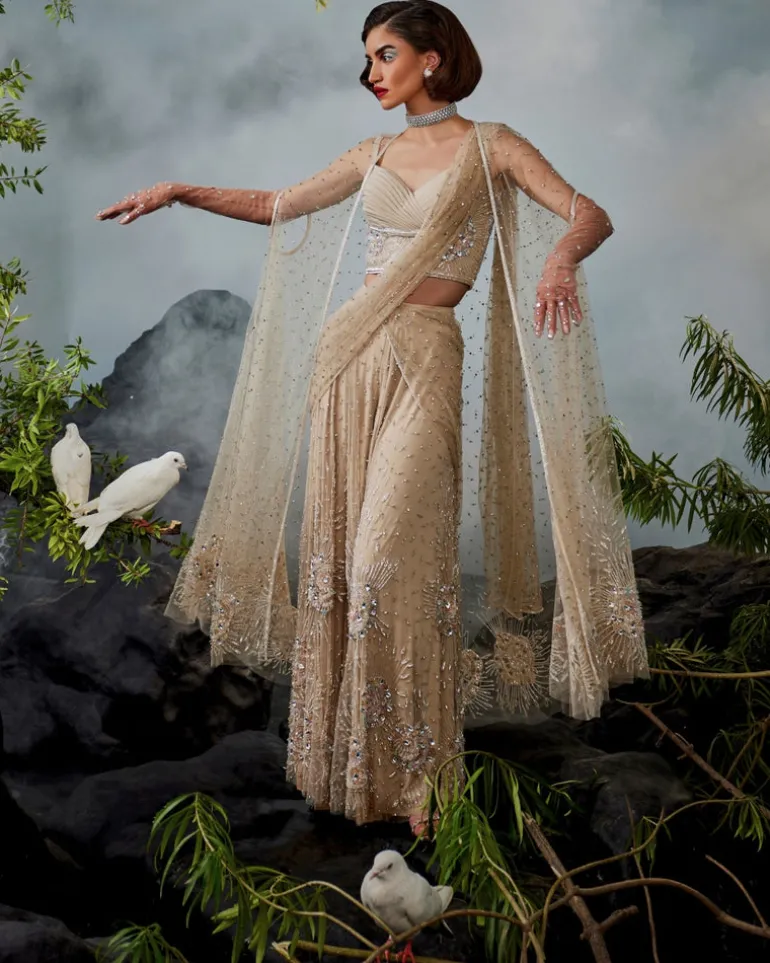 Champagne Cape Sharara Sari Set