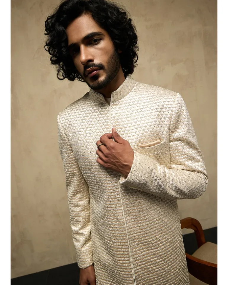 Champagne Chanderi Silk Achkan Set