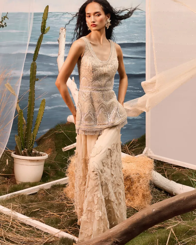 Champagne 3D Applique Sharara Set