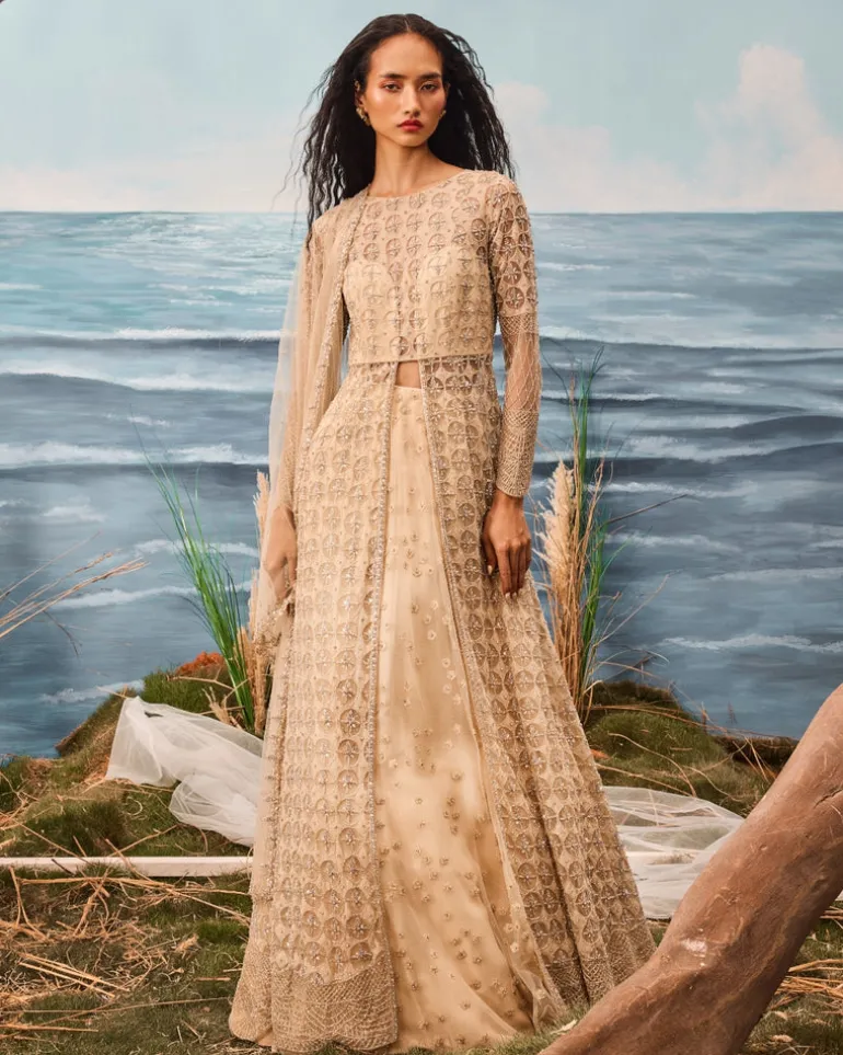 Champagne Geometrically Embroidered Jacket And Lehenga Set