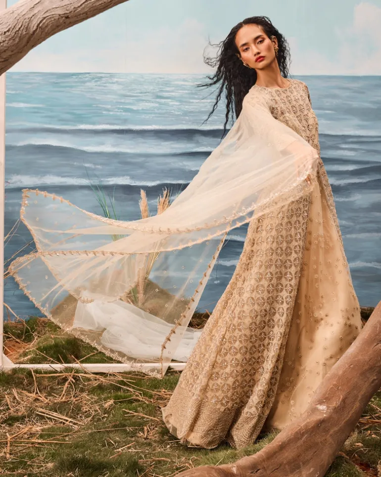 Champagne Geometrically Embroidered Jacket And Lehenga Set