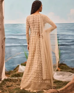 Champagne Geometrically Embroidered Jacket And Lehenga Set