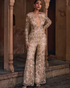 Champagne Gold Full Embroidered Jumpsuit