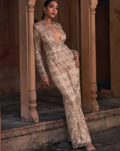 Champagne Gold Full Embroidered Jumpsuit