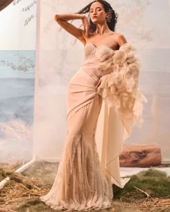 Champagne Kali With 3D Organza Flowers Sari Set