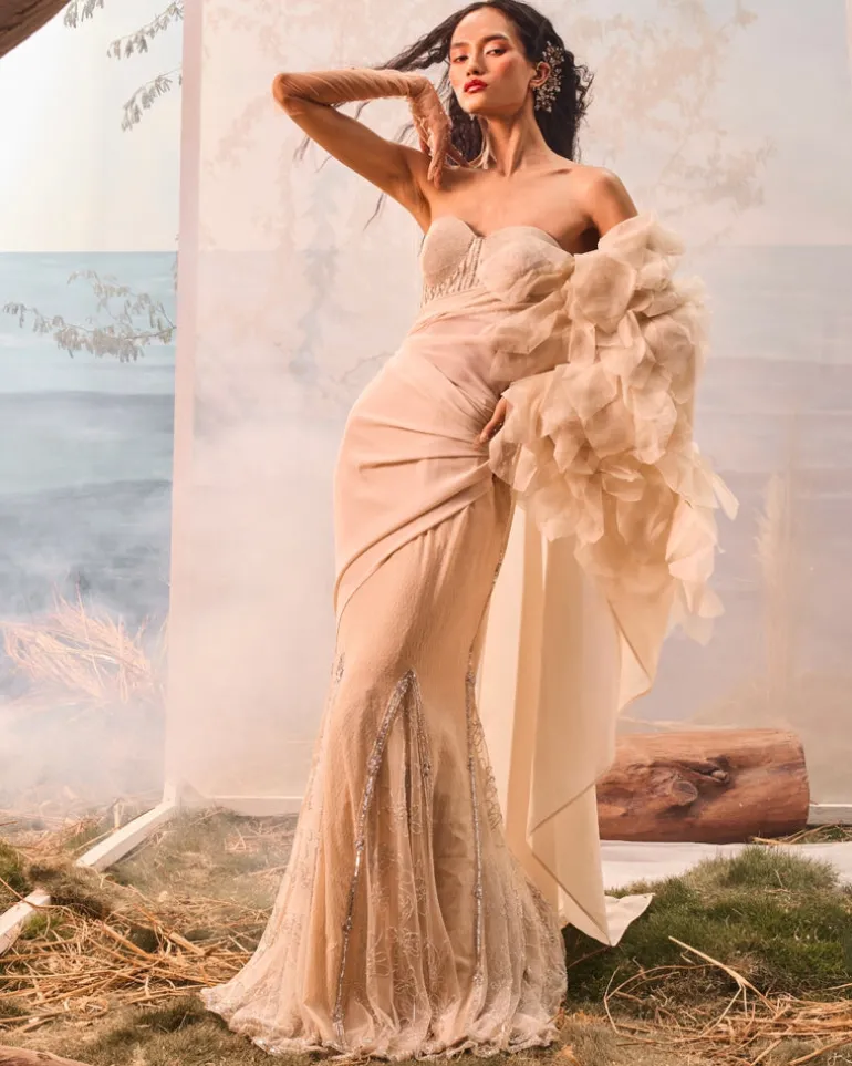 Champagne Kali With 3D Organza Flowers Sari Set