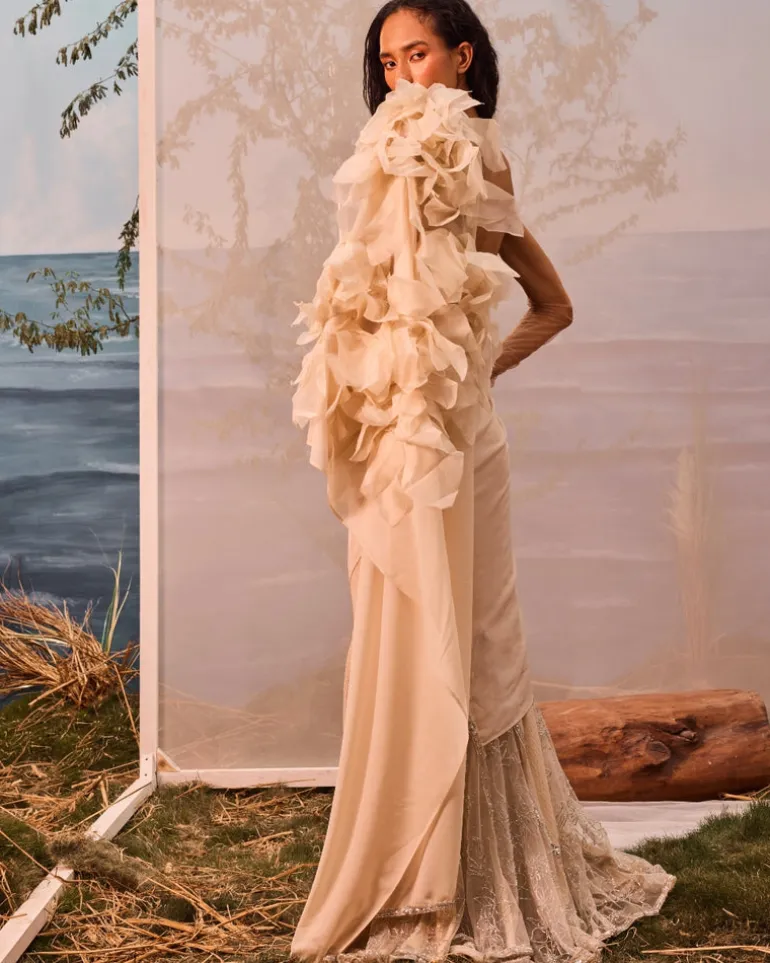 Champagne Kali With 3D Organza Flowers Sari Set
