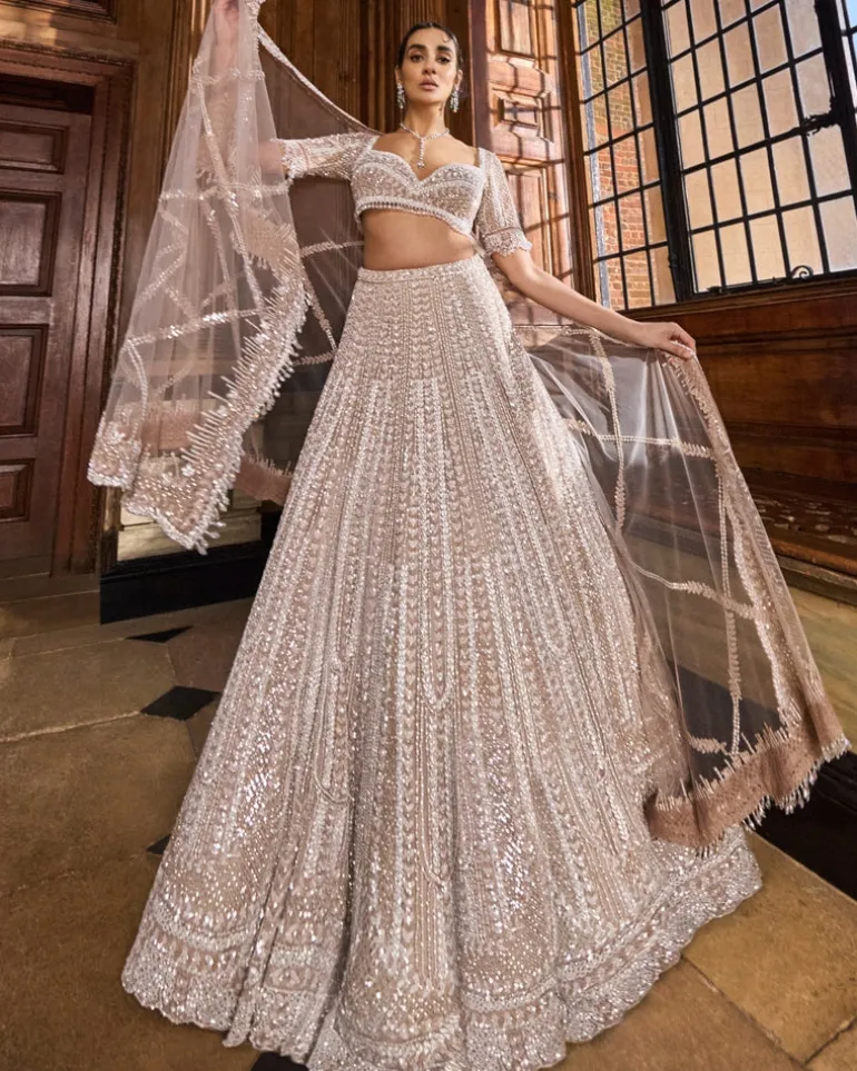 Champagne Pearl Bugle Bead Lehenga Set