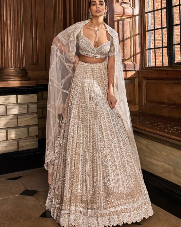 Champagne Pearl Bugle Bead Lehenga Set
