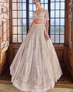 Champagne Pearl Bugle Bead Lehenga Set