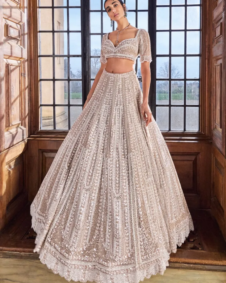 Champagne Pearl Bugle Bead Lehenga Set