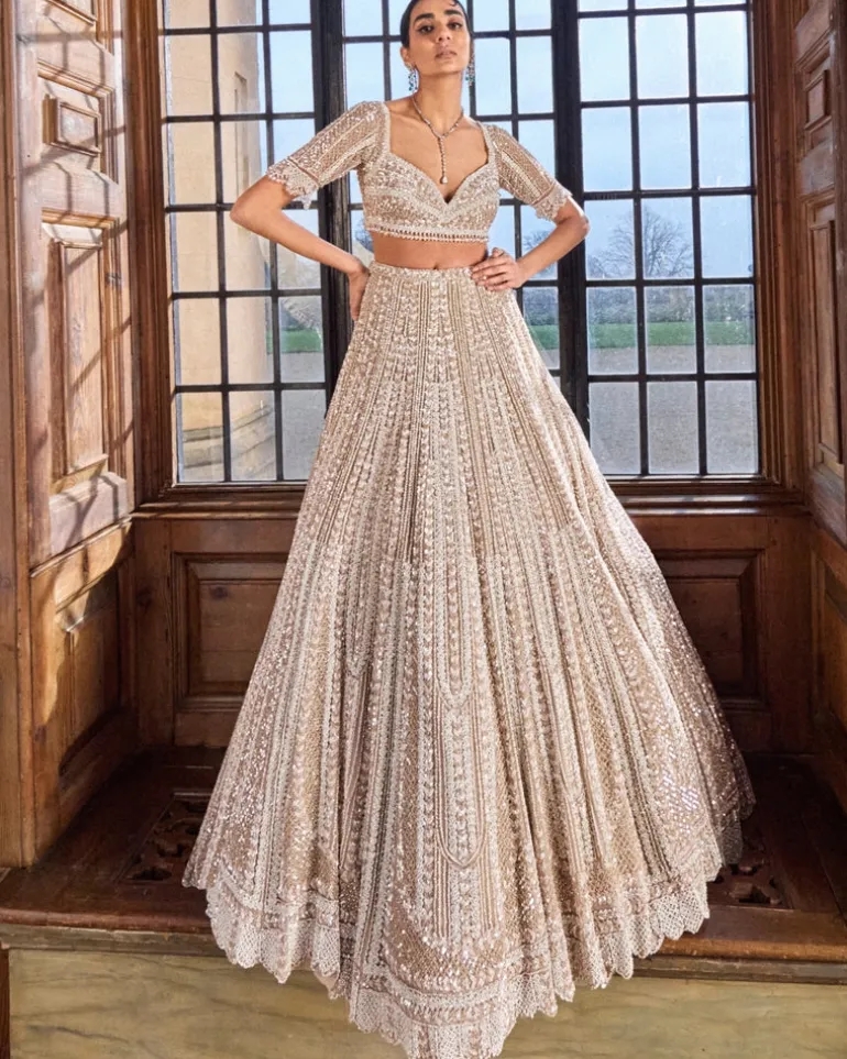 Champagne Pearl Bugle Bead Lehenga Set