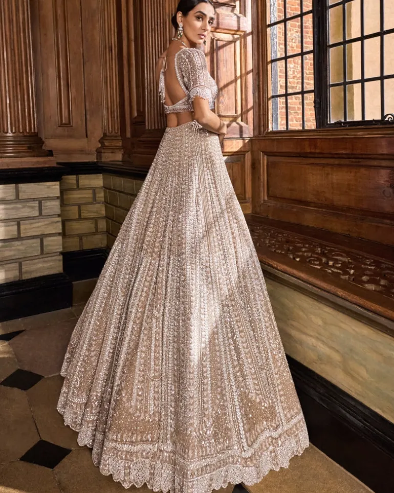 Champagne Pearl Bugle Bead Lehenga Set