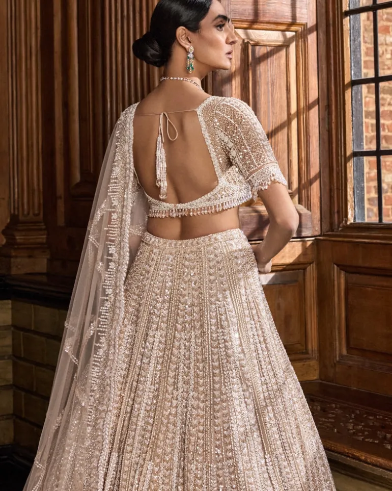 Champagne Pearl Bugle Bead Lehenga Set