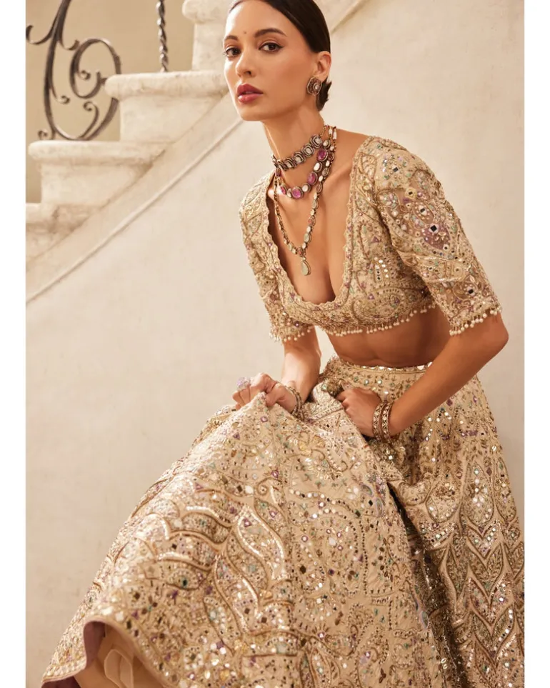 Champagne Raw Silk Mirror Lehenga Set